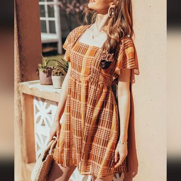 Square Neck Gingham A-Shape Dress NWT - Picture 1 of 3